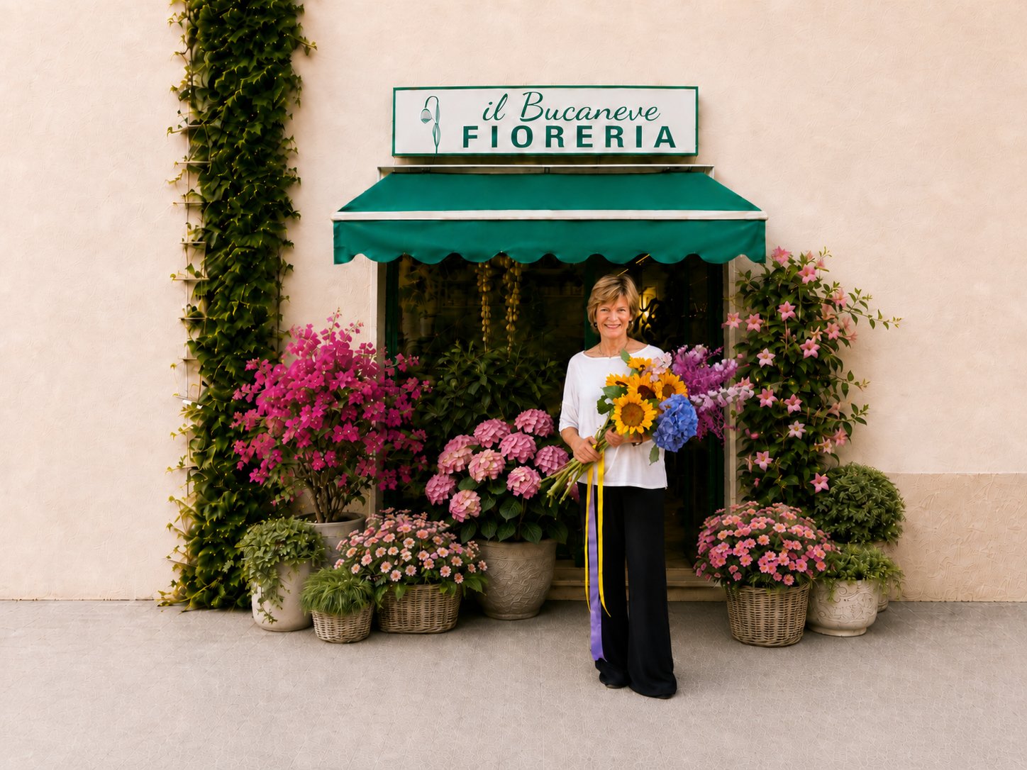 Fiorista davanti all’ingresso del Bucaneve Fioreria con bouquet e piante fiorite