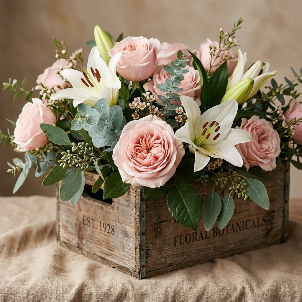 Composizione di rose rosa e gigli bianchi in scatola di legno