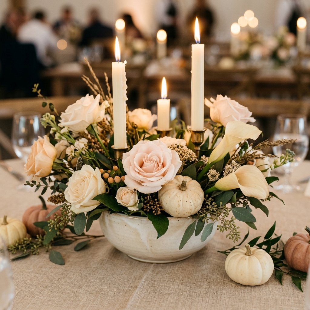 Centrotavola floreale per eventi con candele e fiori delicati