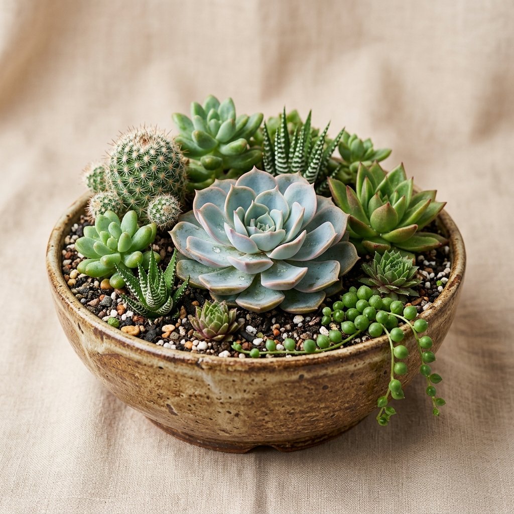 Composizione di piante succulente e piantine verdi in vaso in ceramica