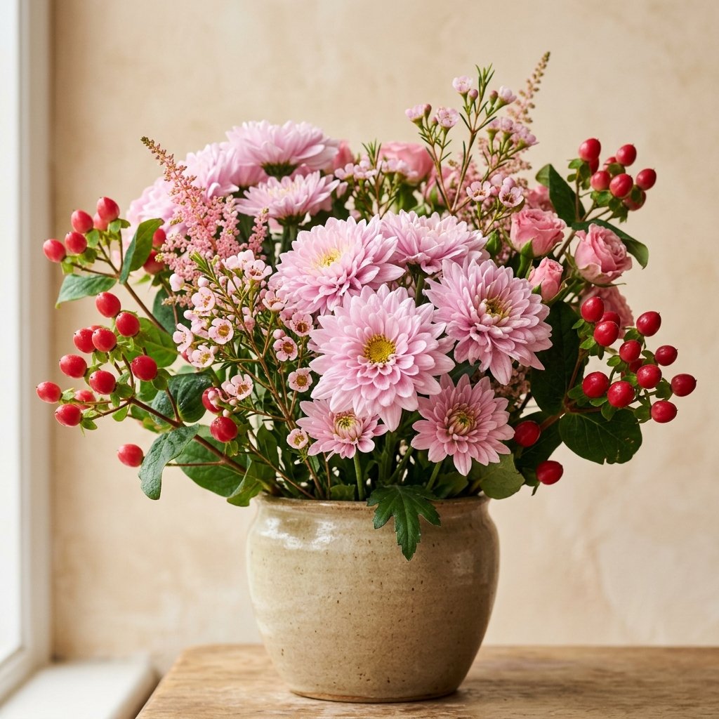 Composizione floreale di crisantemi rosa e bacche rosse